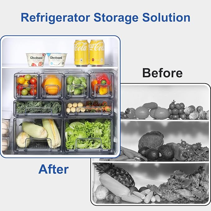 Pull Out Clear Fridge Organizer Drawers with Drainer, Refrigerator Stackable Storage Bins for Kitchen Fruit & Veggie Organization (2PCS, Medium)