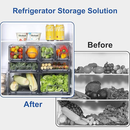 Pull Out Clear Fridge Organizer Drawers with Drainer, Refrigerator Stackable Storage Bins for Kitchen Fruit & Veggie Organization (2PCS, Medium)
