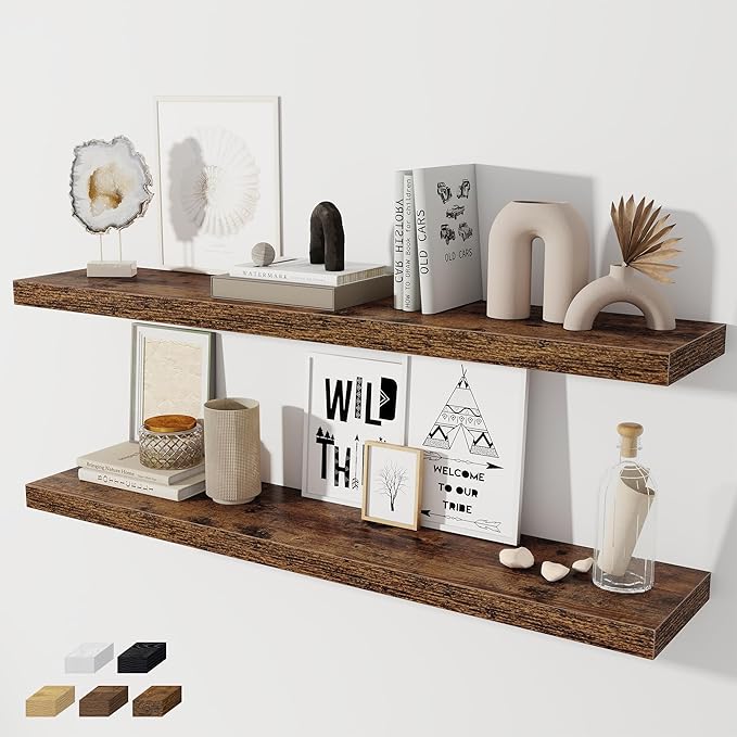 Fun Memories 48 Inch Floating Shelves for Wall 8 Inch Deep Rustic Brown Shelves Set of 2, Wall Mounted Rustic Wood Long Floating Shelf, Large Display & Storage Shelf with Invisible Brackets