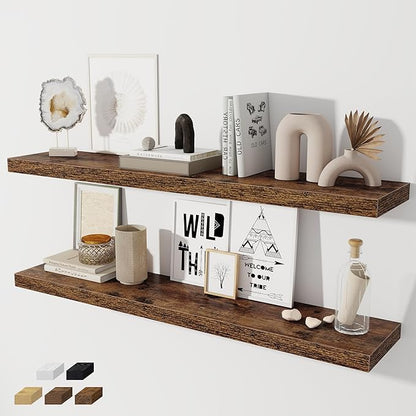 Fun Memories 48 Inch Floating Shelves for Wall 8 Inch Deep Rustic Brown Shelves Set of 2, Wall Mounted Rustic Wood Long Floating Shelf, Large Display & Storage Shelf with Invisible Brackets
