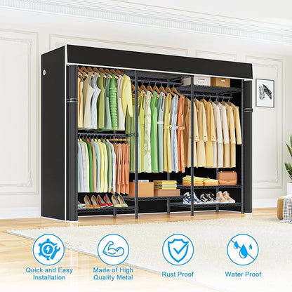 Ulif E13C Heavy Duty Closet Organizer System，Freestanding Clothing Racks for Hanging Clothes，Adjustable Garment Rack 63" W x 16" D x 77" H Hold 960 lbs，Black Clothing Rack with Black Dustproof Cover