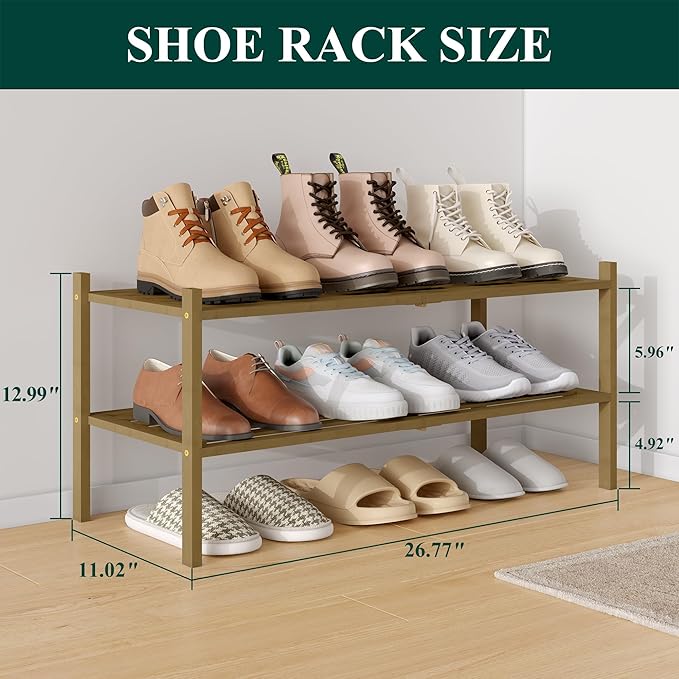 Smiry Bamboo Shoe Rack 2-Tier, Stackable Wooden Shoe Organizer for Entryway & Closet, Free Standing Wood Shoe Storage Shelf for Front Door & Small Spaces, Walnut