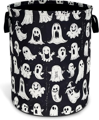 Cute Ghost Laundry Basket Funny Spooky Foldable Waterproof Oxford Cloth Tote Bag Laundry Hamper Round Large Clothes Storage Bucket Toy Organizer For Bathroom/Laundry Storage/Bedroom 18.9x16.5 Inch