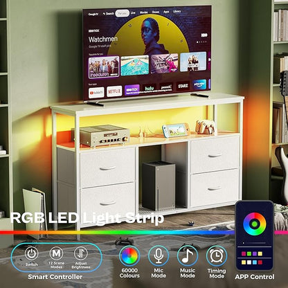 Huuger 47 Inch TV Stand Dresser with Power Outlets and LED Lights, 4 Drawers Entertainment Center with Open Shelf, Media Console for 55 50 Inch TV, Dresser with PU Finish, White