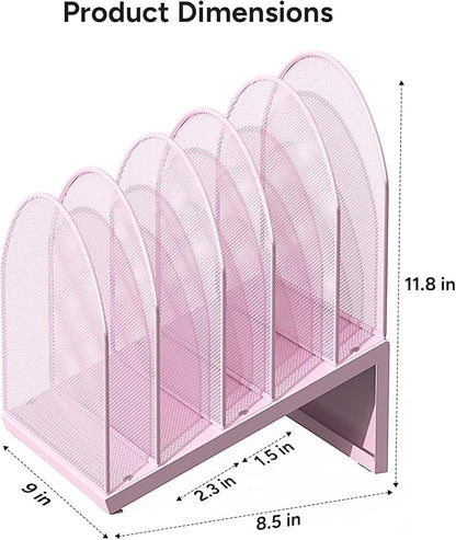 5-Section Desk File Organizer, Metal Mesh Folder Organizer for Documents, Mail & Office Papers (Pink)