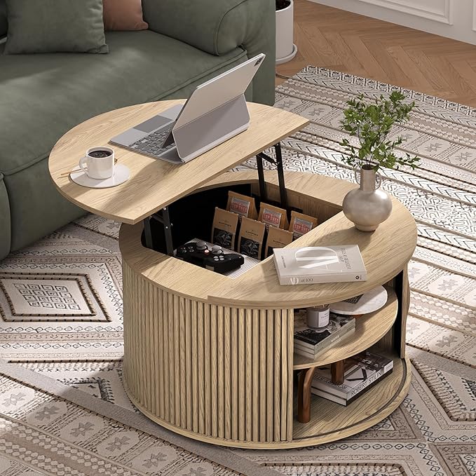 SULIVES Round Coffee Table with Lifting Top, Multifunctional Drum Coffee Table with Sliding Door, Small Fluted Center Table for Living Room, Oak