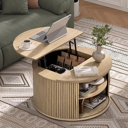 SULIVES Round Coffee Table with Lifting Top, Multifunctional Drum Coffee Table with Sliding Door, Small Fluted Center Table for Living Room, Oak