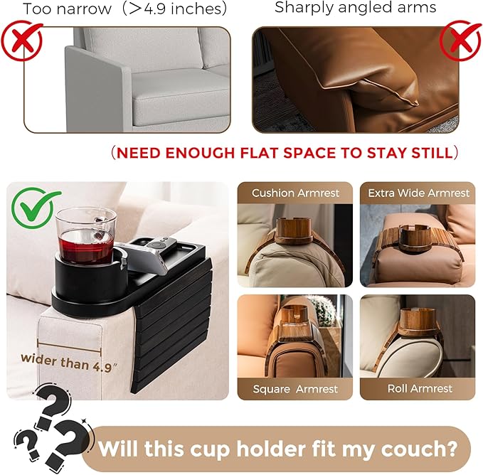 Couch Cup Holder Tray for Armrests Over 4.9" Wide, Bamboo Couch Arm Tray with 360° Rotating Phone Stand, 3 in 1 Foldable Sofa Arm Tray Table for Remote, Snacks, Phone, Drinks Black