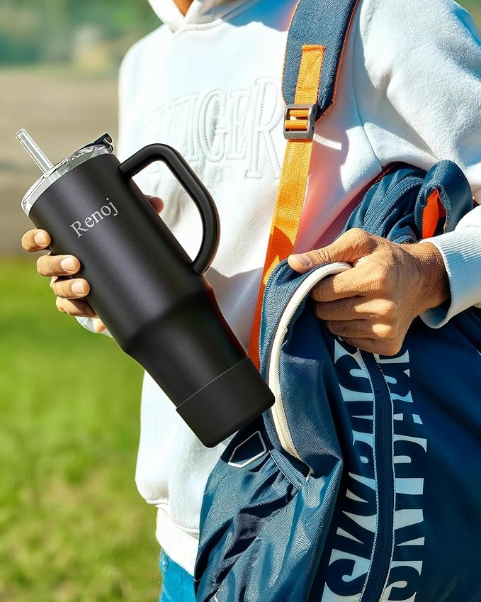 Renoj Tumbler with Handle 100% Leak Proof Insulated Water Bottle for Iced Coffee & Hot Drinks - Fits Car Cup Holder, Ideal Gift, 2 Straws & Silicone Boot BPA-Free - SnapShift Black 32 oz