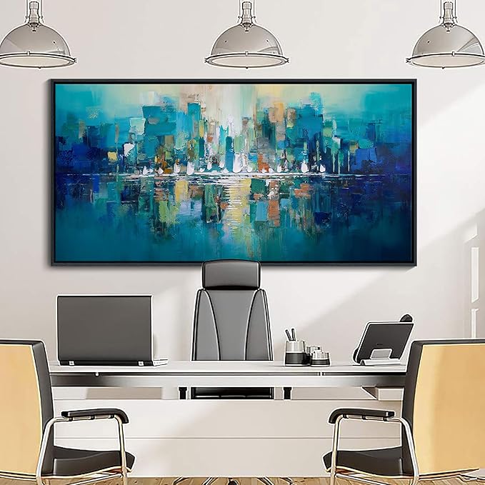YDYSUNE Teal and White Abstract City Wall Art - Large Framed Canvas Painting, Contemporary Modern Wall Decor Picture & Artwork for Living Room, Office, Bedroom, Ready to Hang Size 29x58 Inch