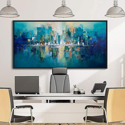 YDYSUNE Teal and White Abstract City Wall Art - Large Framed Canvas Painting, Contemporary Modern Wall Decor Picture & Artwork for Living Room, Office, Bedroom, Ready to Hang Size 29x58 Inch