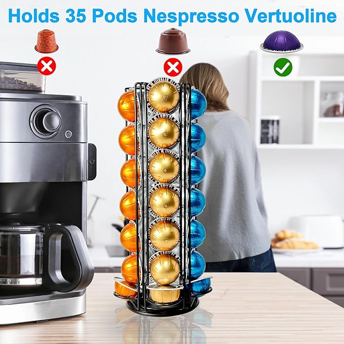 Nespresso Vertuo Pods Holder 360° Spinning Coffee Pod Holder for 35 Vertuo Pods, No Assembly Required, Space-Saving Coffee Station Accessories & Nespresso Storage for Countertop, Sleek Black