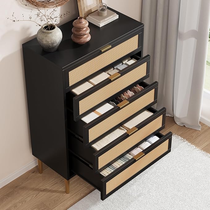 IDEALHOUSE Rattan 5 Drawer Dresser, 44'' Tall Narrow Chest of Drawer, Farmhouse Wooden Vertical Dresser with Metal Legs and Handles, Modern Cabinet for Bedroom, Living Room, Black