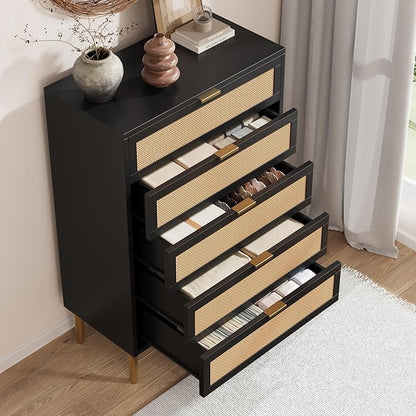 IDEALHOUSE Rattan 5 Drawer Dresser, 44'' Tall Narrow Chest of Drawer, Farmhouse Wooden Vertical Dresser with Metal Legs and Handles, Modern Cabinet for Bedroom, Living Room, Black