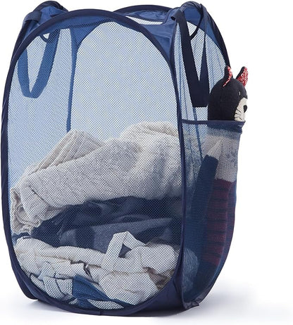 TECHMILLY Upgraded 105L Collapsible Mesh Pop Up Laundry Hamper with Sturdy Handles and Side Pocket - Portable Foldable Clothes Baskets for Dorm, Bathroom & Travel Storage (Blue Plus)