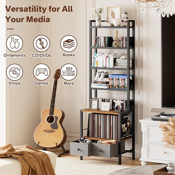 DVD Storage Vinyl Record Storage Rack, 6-Tier CD Rack Tower with Drawers for CDs, DVDs, Albums, Books & Games, Vinyl Record Holder & DVD Shelf Organizer for Living Room & Home Office, 20.8x11.8x63Inch