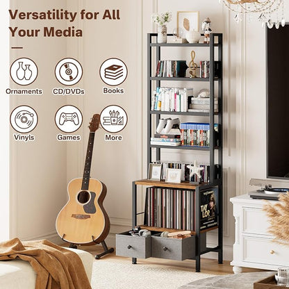 DVD Storage Vinyl Record Storage Rack, 6-Tier CD Rack Tower with Drawers for CDs, DVDs, Albums, Books & Games, Vinyl Record Holder & DVD Shelf Organizer for Living Room & Home Office, 20.8x11.8x63Inch