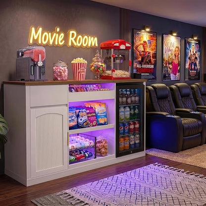 GDLF Snack Bar Cabinet with Fridge Space, 70.1" Snack Organizer with Storage and Candy Display Shelf, Coffee Station for Home Theater or Game Room with LED Lights, White