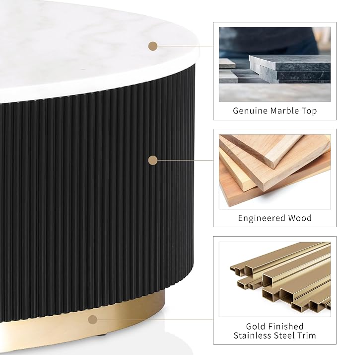Furniture of America Beryl Modern Oval White Genuine Marble Top Coffee Table with Fluted Pedestal Base and Gold Stainless Steel Accent, Low Profile Table for Living Room, Home Office, Black