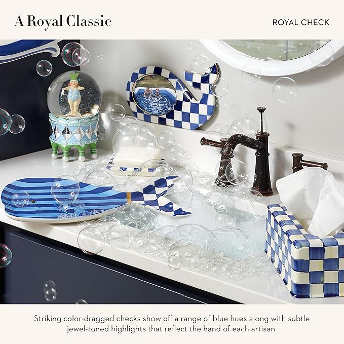 MACKENZIE-CHILDS Tissue-Box Cover, Tissue Holder for Home Decor, Blue-and-White Royal Check, Square
