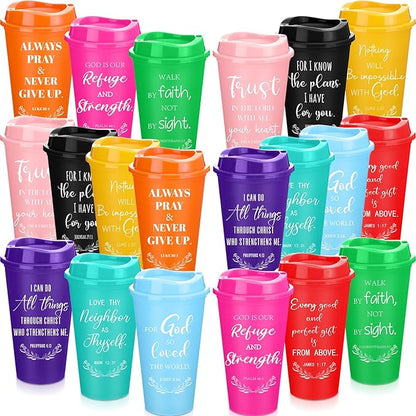 Skylety 20 Pack Christian Gifts for Men Women 16oz Reusable Bible Verse Tumbler Bulk Plastic Coffee Cups with Lids Inspirational Religious Church Gifts for Valentine Easter Birthday (Rainbow Color)