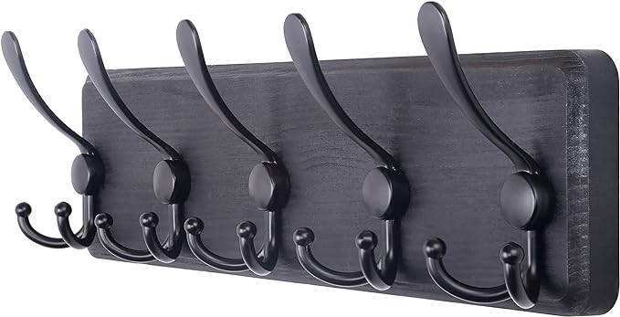 SKOLOO Rustic Wall Mounted Coat Rack: 16" Stud Spacing, Pine Real Wood Plank Wall Coat Rack with 5 Triple Hooks, Farmhouse Coat Hanger Wall Mount for Hanging Backpack Jacket Coat Hat