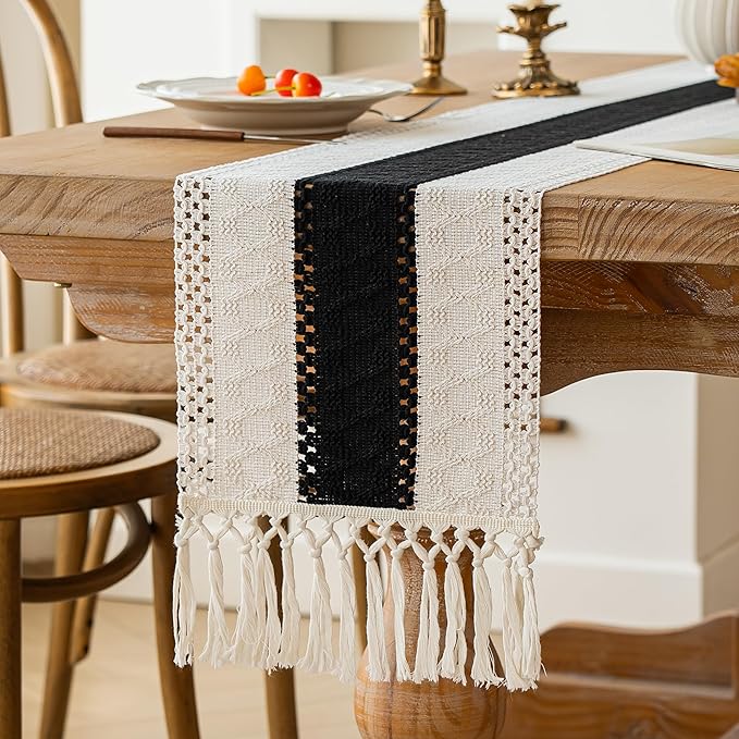 FEXIA Boho Table Runner for Summer Home Decor with Tassels 72 Inches Long Farmhouse Rustic Black Gothic Table Runner Macrame Gothic Burlap Table Decoration for Kitchen Living Room (12x72 Inches)