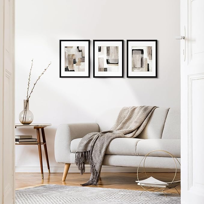 ArtbyHannah 11x14 Inch Black Framed Abstract Wall Art Set of 3 with Brown Black Tan Blocks for Wall Decor, Extra Art Prints of Botanical Included