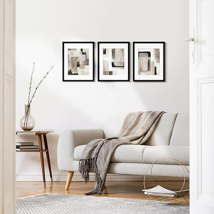 ArtbyHannah 11x14 Inch Black Framed Abstract Wall Art Set of 3 with Brown Black Tan Blocks for Wall Decor, Extra Art Prints of Botanical Included