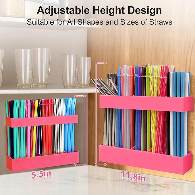 9.5” Large Acrylic Straw Holder for Cabinet Door, Reusable Adjustable Two-Part Straws Organizer with Ultra Sticky Adhesive Strips, 2026 Straw Storage for Kitchen Cupboard (Hot Pink)