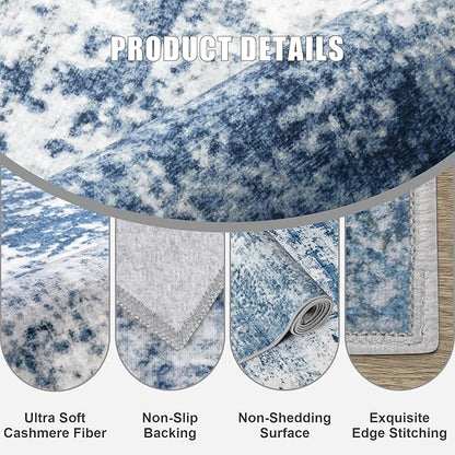 2.6'x14' Runner Rug Washable Rug: Modern Abstract Soft Thin Runner Rug Blue