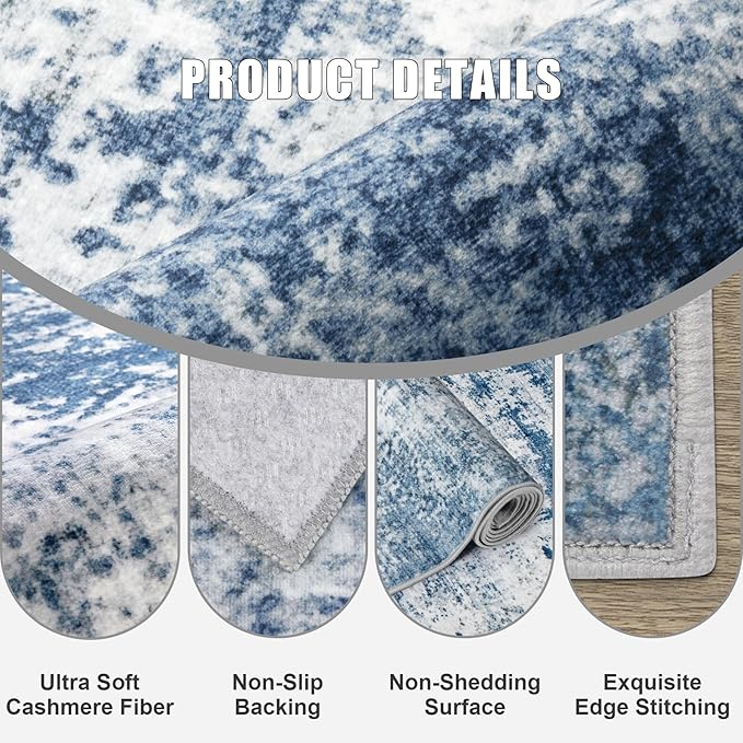 Round Area Rug for Living Room: 8 ft Washable Modern Abstract Soft Thin Rug Indoor Floor No Slip Stain Resistant Carpet for Bedroom Dining Room Farmhouse Nursery Home Office - Blue