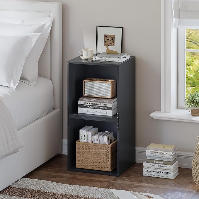 DIY Cube Storage Organizer, Stackable Display Bookcase with Anti-Tip Design, Cube Book Shelf for Bedroom, Office, Dorm, 4 Storage Cube, Black