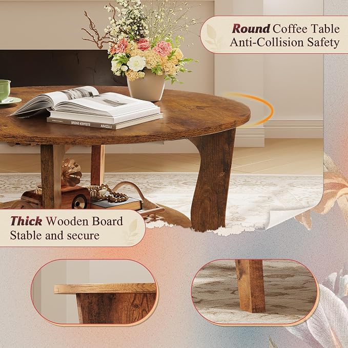 WLIVE Round Coffee Table, 2-Tier Small Coffee Table with Storage Shelf, Circle Wood Center Table for Living Room, Apartment, Easy Assembly, Rustic Brown