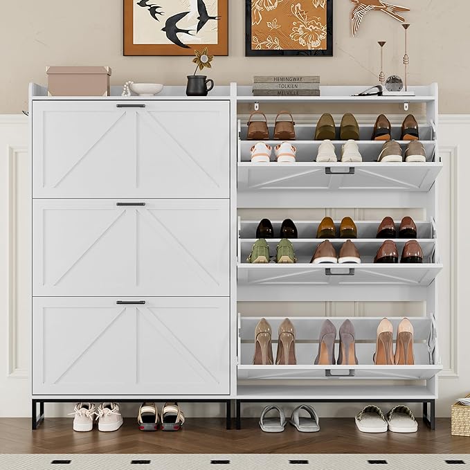 Shoe Cabinet with 3 Flip Drawers Narrow Shoe Storage Cabinet Organizer Wooden Freestanding Shoe Rack Hidden Slim Shoes Storage Cabinet for Entryway, Hallway, Living Room, Bedroom