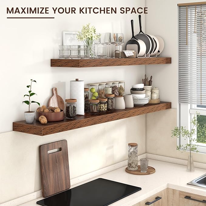 Floating Shelves for Wall, 55 Inch Wide x 12 Inch Deep Floating Shelves, Long Wood Floating Wall Shelf Shelves for Living Room Bathroom Bedroom Kitchen Home - (Brown, 55" W x 12" D x 2" H)