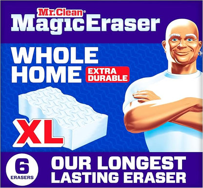 Mr. Clean Magic Eraser Sponge, All Purpose Cleaner, Long Lasting Cleaning Scrubber, Wall, Sneaker, Oven, Kitchen, Bathroom Cleaner, Shower Cleaning Supplies, Whole Home Extra Durable XL, 6ct