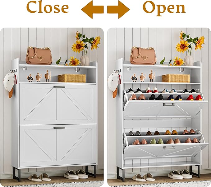 Shoe Cabinet with 2 Flip Drawers, 45" Freestanding Narrow Wood Shoe Storage Cabinet with Metal Legs and Hooks, Slim Shoe Rack Organizer for Entryway, Hallway, White