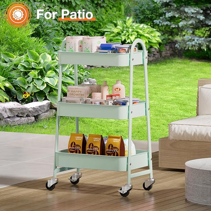 NEWBULIG 3-Tier Metal Rolling Cart with Lockable Wheels, Heavy Duty Mobile Utility Storage Shelf, Roller Book Snack Cart, Organization for Livingroom, Bathroom, Office, Green