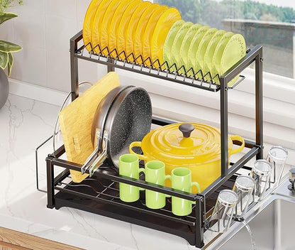 Simple Trending Dish Rack Over the Sink, Dish Drying Rack for Kitchen Counter, 2-Tier Stainless Steel Dish Drainer, Black