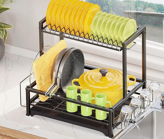 Simple Trending Dish Rack Over the Sink, Dish Drying Rack for Kitchen Counter, 2-Tier Stainless Steel Dish Drainer, Black