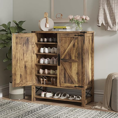 Maupvit 6-Tier Shoe Cabinet with Doors, Farmhouse Shoe Storage Cabinet with Adjustable Shelves, Shoe Shelf, Wooden Shoe Rack Organizer Cabinet for Entryway, Foyer, Hallway, Living Room, Brown