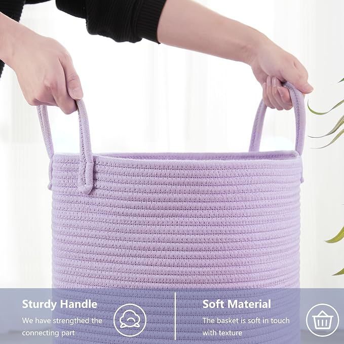 60L Large Purple Laundry Hamper Basket for Nursery Kids Tall Lavender Blanket Basket for Girls Cotton Rope Lilac Clothes Hamper in Bedroom 15Dx20H inches