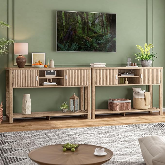 Console Table Fluted with 8 Storage Shelves & 2 Doors, Modern Entryway Table Behind Couch with Open Storage Shelf, Entry Table for Hallways,Entryway, Living Room,Wooden, Oak