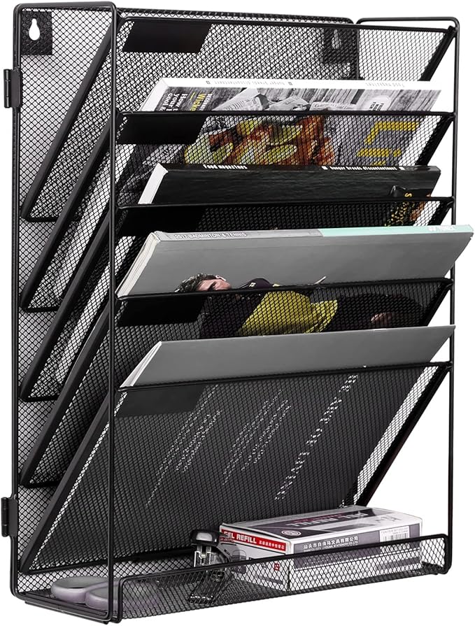 EasyPAG Mesh Wall File Organizer 5 Tier Letter-Sized Assemble Desk/Wall Mount File Holder Mail Organizer for Office Home and Classroom, 2 Pack Black