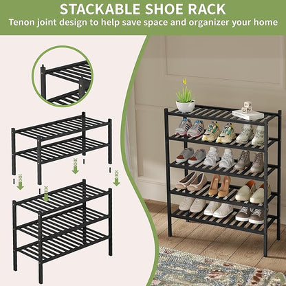 2 Tier Bamboo Shoe Rack for Closet Free Standing Wood Shoe Shelf for Entryway Small Space Stackable 27"x11"x13" (Black)