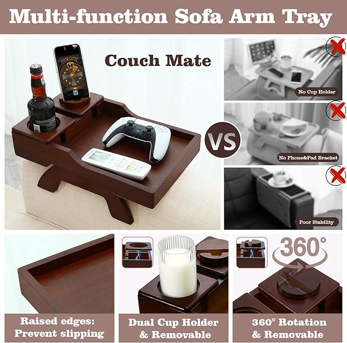 GHKINMAL Couch Cup Holder Tray, 15.4"x9.9" Large 4 in 1 Couch Armrest Table with 360°Rotated Phone Holder, Non-Slip Clip on Side Table for Drinks/Remote/Snacks, Ideal Gift for Husband, Wife, Parents