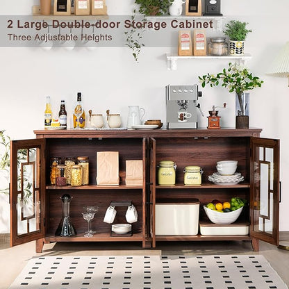 Large Sideboard Buffet Cabinet with Storage, 63" Farmhouse Brown Kitchen Coffee Wine Bar Cabinet with 4 Glass Doors, Wood Mid Century Modern Side Board Table for Dining Room, Living Room
