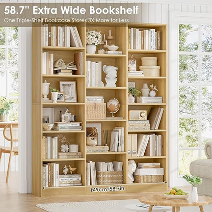FACBOTALL Triple Wide Bookshelf, 6 Tier Large Bookshelf, Bookcase with 17 Open Display Shelves, 74'' Tall Bookcases and Bookshelves for Living Room, Home Office, Library, Natural
