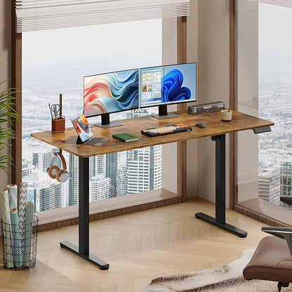 DEVAISE 63 x 28 Inches Electric Standing Desk, 3 Adjustable Height Stand up Desk for Home Office, Ergonomic Sit to Stand Desk with LED Touchscreen, Hook, 3 Memory Preset Computer Desk (Rustic Brown)